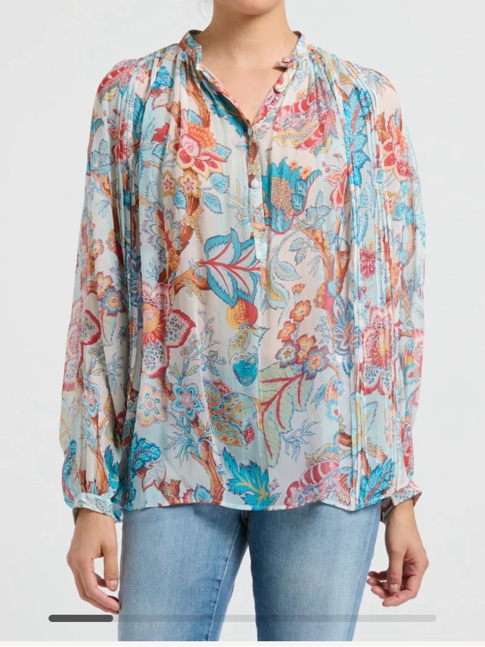 NWOT ETRO MILANO HAND PAINTED SHEER 100% SILK COASTAL FLOWY BLOUSE 44